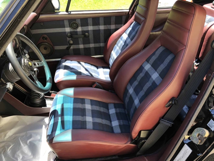 front seating of a Custom Built 1986 Porsche 911 Carrera with Shwartz Exterior and Mercedes G Fabric Interior