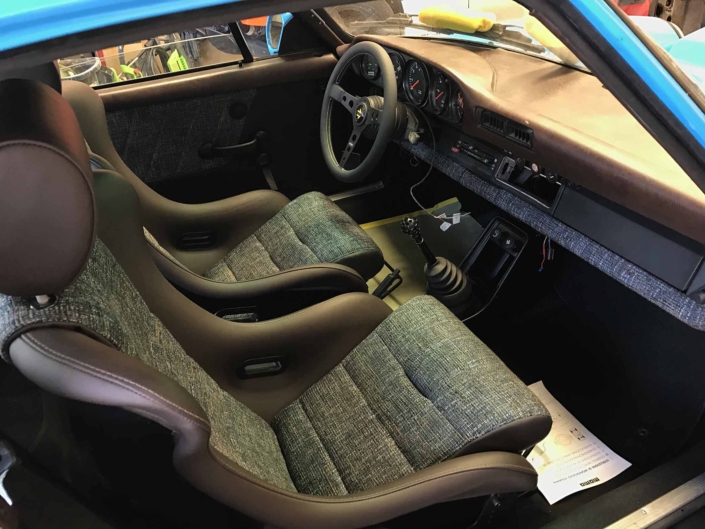 Blue and Brown basket weave interior on a Custom Built 1980 Porsche 911 SC