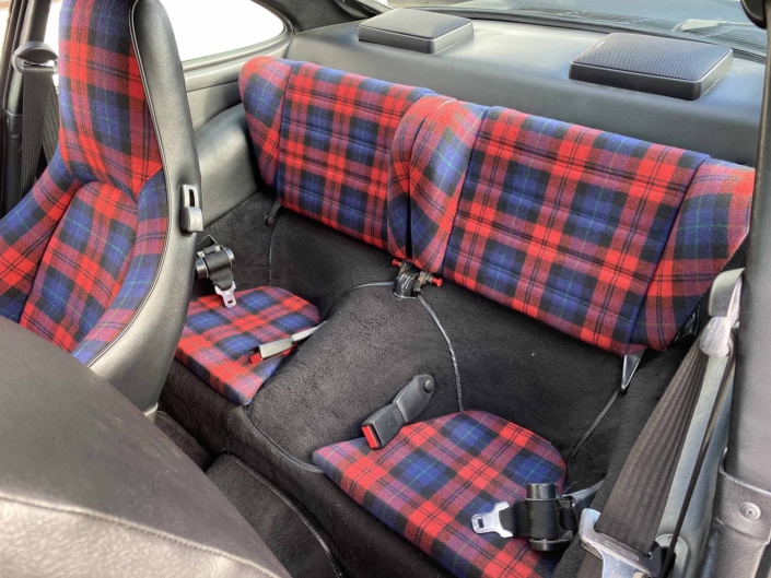 back seating on a Custom Built 1986 Porsche 930 Turbo with Oak Green Metallic Exterior and Porsche tartan interior