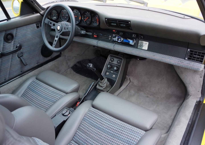 front seating on a Custom Built 1988 Porsche 911 Carrera with Cadmium Yellow exterior and Opel fabric interior