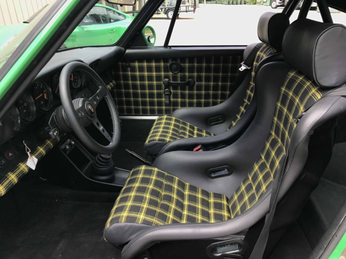 Custom Porsche Tartan Interior on a 981 Porsche 911 SC in Signal Green