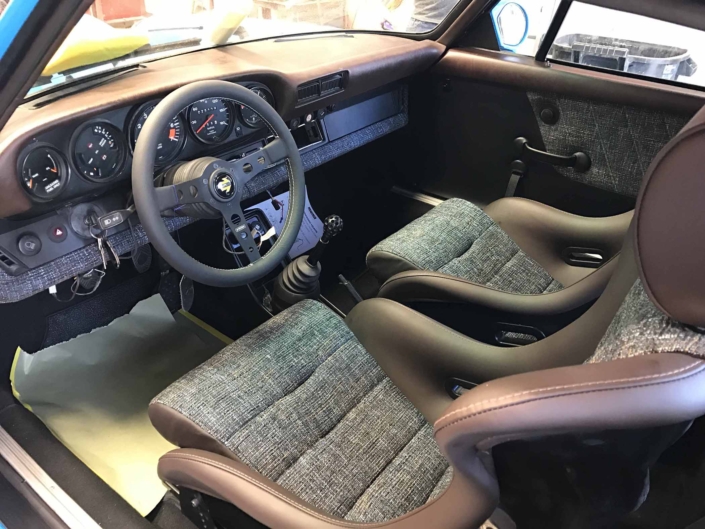 Blue and Brown basket weave interior on a Custom Built 1980 Porsche 911 SC