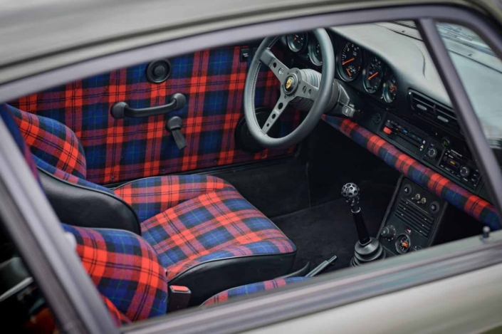 Porsche tartan interior on a Custom Built 1986 Porsche 930 Turbo with Oak Green Metallic Exterior