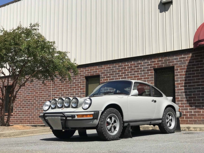 3/4 front view of Leh Keen's Custom Built 1986 Porsche 911 Carrera with Fashion Grey Exterior and Lancia Fabric Interior