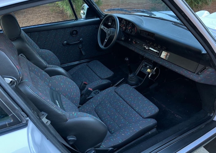 Interior view of Leh Keen's Custom 1983 930 Turbo in Moonstone with "Windows 95 in color" fabric