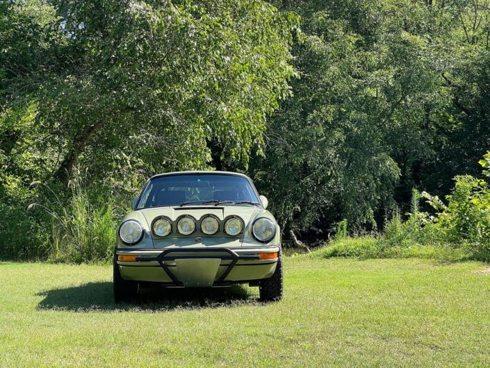 Front Exterior View of Leh Keen's Custom 1985 911 Carrera in Stone Grey with factory Porsche fabric